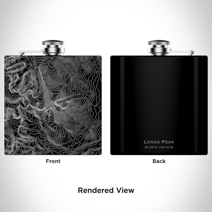 Rendered View of Longs Peak Colorado Map Engraving on 6oz Stainless Steel Flask in Black