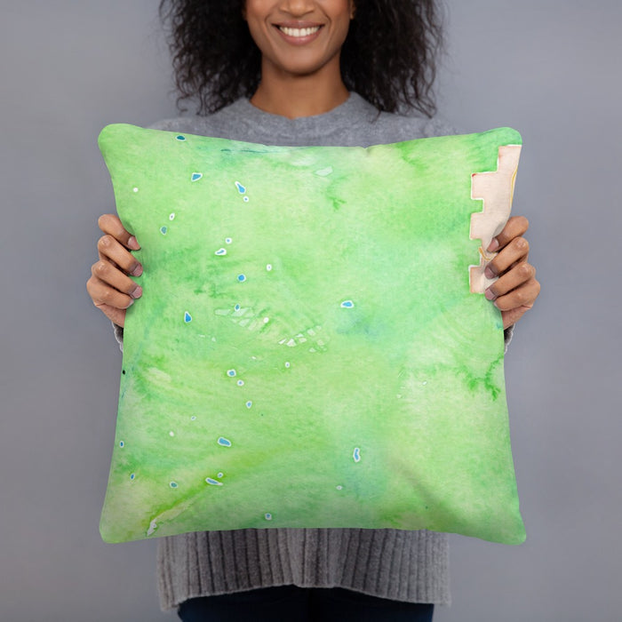 Person holding 18x18 Custom Longs Peak Colorado Map Throw Pillow in Watercolor