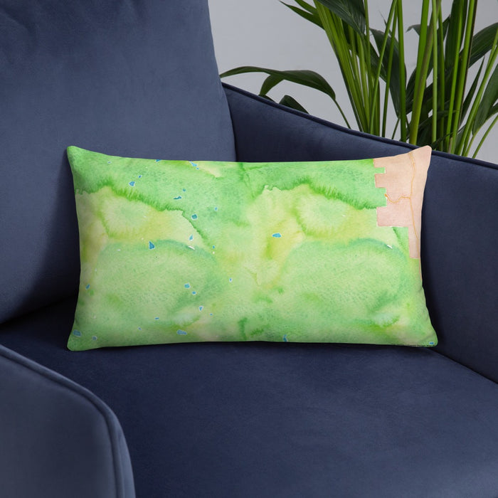 Custom Longs Peak Colorado Map Throw Pillow in Watercolor on Blue Colored Chair