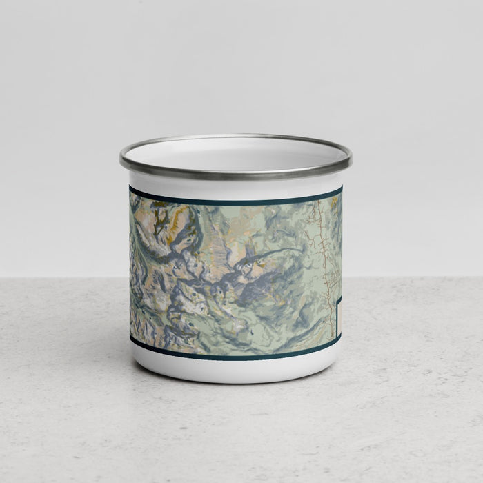 Front View Custom Longs Peak Colorado Map Enamel Mug in Woodblock