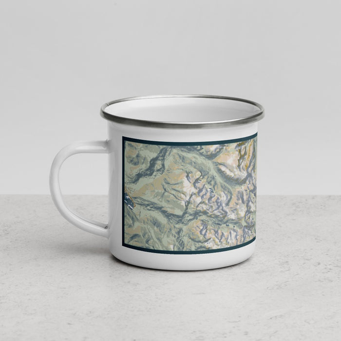 Left View Custom Longs Peak Colorado Map Enamel Mug in Woodblock