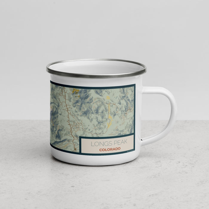 Right View Custom Longs Peak Colorado Map Enamel Mug in Woodblock