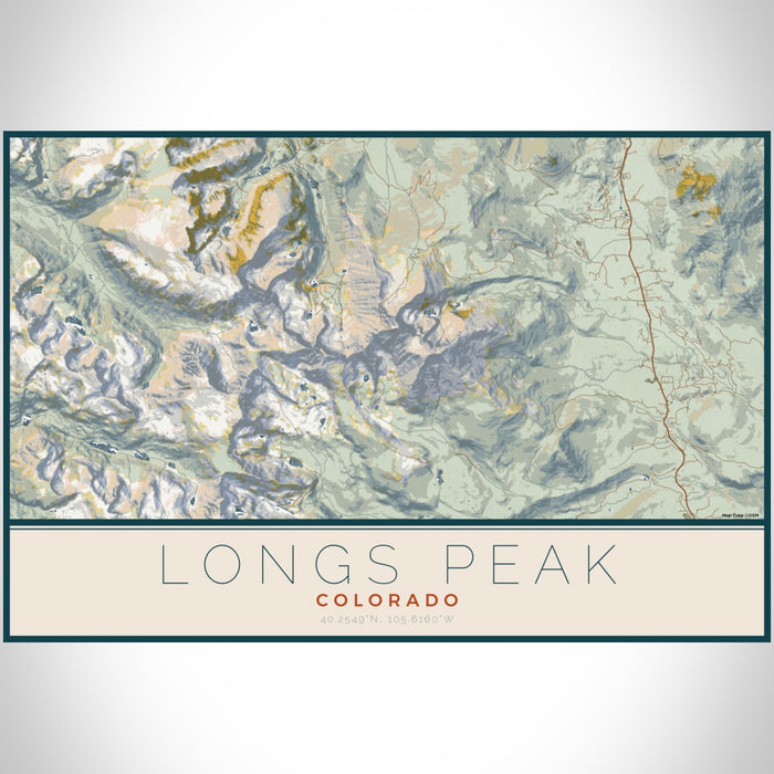 Longs Peak Colorado Map Print Landscape Orientation in Woodblock Style With Shaded Background