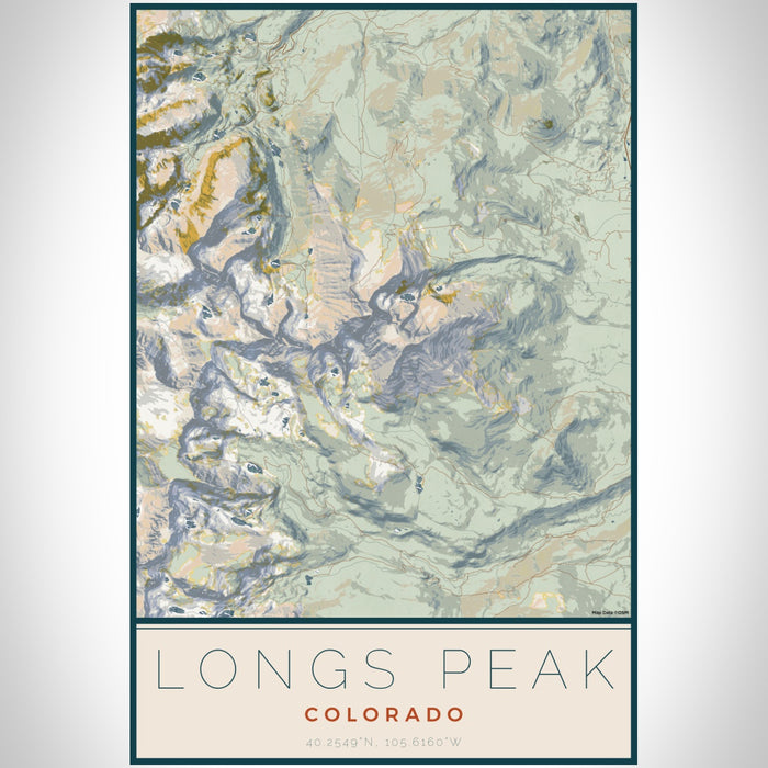 Longs Peak Colorado Map Print Portrait Orientation in Woodblock Style With Shaded Background