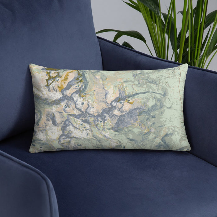 Custom Longs Peak Colorado Map Throw Pillow in Woodblock on Blue Colored Chair