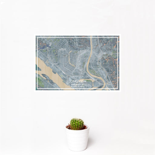 12x18 Longview Washington Map Print Landscape Orientation in Afternoon Style With Small Cactus Plant in White Planter