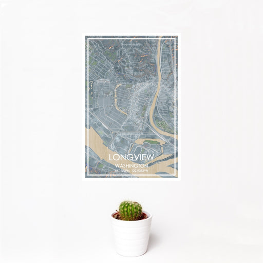 12x18 Longview Washington Map Print Portrait Orientation in Afternoon Style With Small Cactus Plant in White Planter