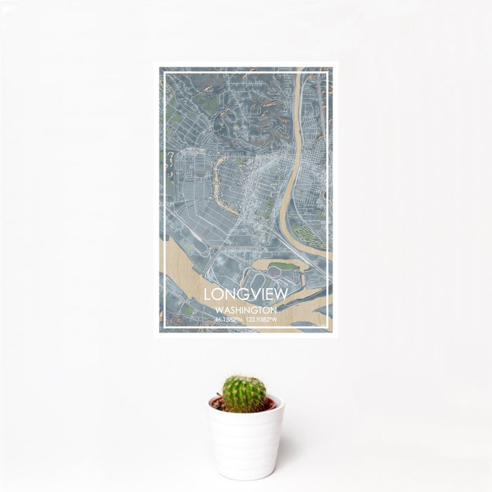 12x18 Longview Washington Map Print Portrait Orientation in Afternoon Style With Small Cactus Plant in White Planter