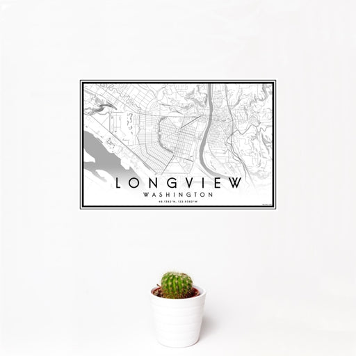 12x18 Longview Washington Map Print Landscape Orientation in Classic Style With Small Cactus Plant in White Planter