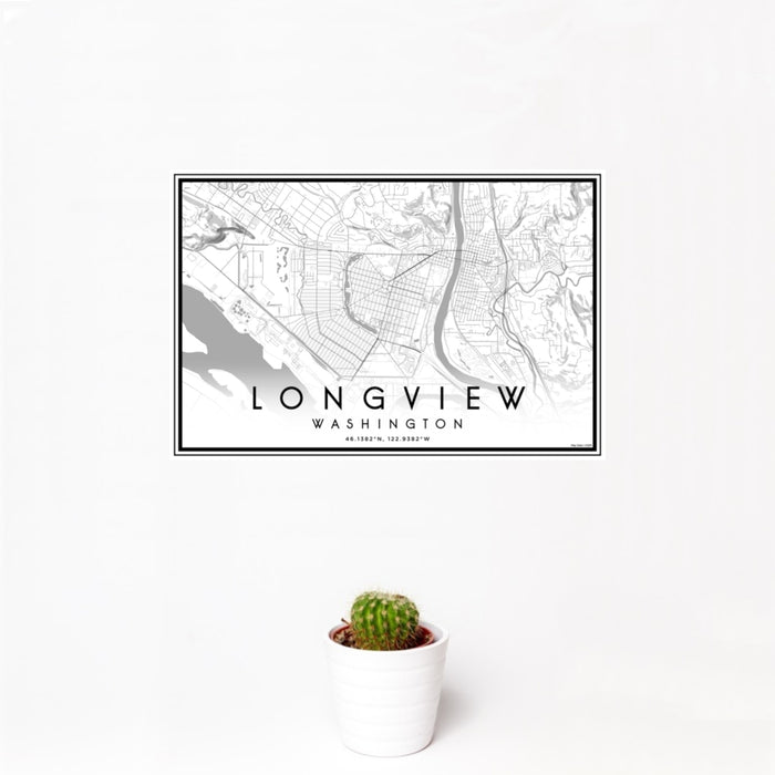 12x18 Longview Washington Map Print Landscape Orientation in Classic Style With Small Cactus Plant in White Planter