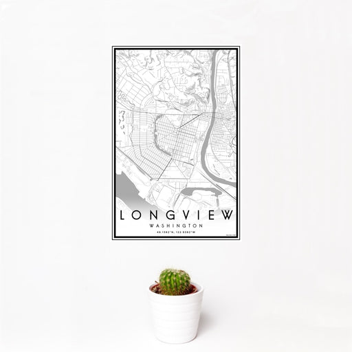 12x18 Longview Washington Map Print Portrait Orientation in Classic Style With Small Cactus Plant in White Planter