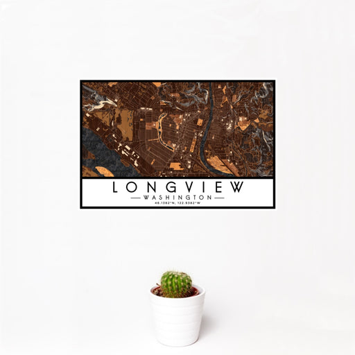 12x18 Longview Washington Map Print Landscape Orientation in Ember Style With Small Cactus Plant in White Planter