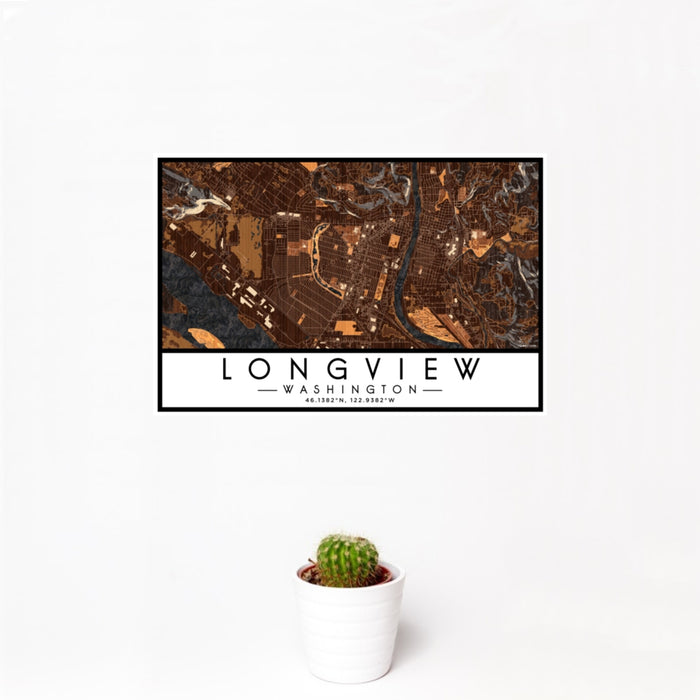 12x18 Longview Washington Map Print Landscape Orientation in Ember Style With Small Cactus Plant in White Planter