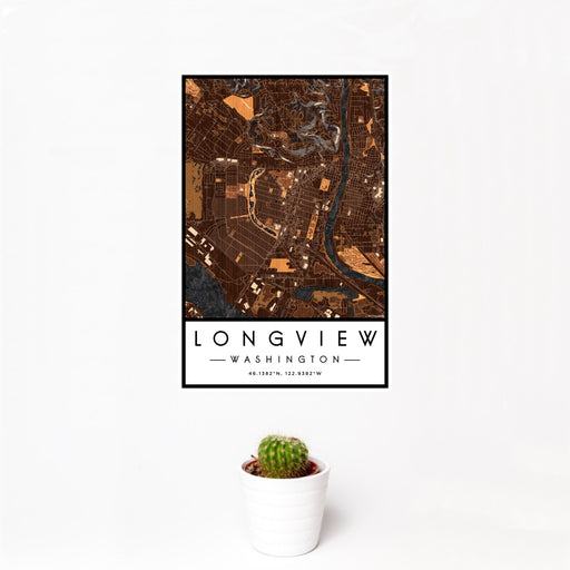 12x18 Longview Washington Map Print Portrait Orientation in Ember Style With Small Cactus Plant in White Planter