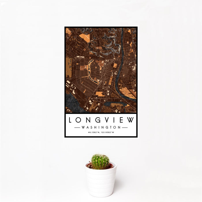 12x18 Longview Washington Map Print Portrait Orientation in Ember Style With Small Cactus Plant in White Planter