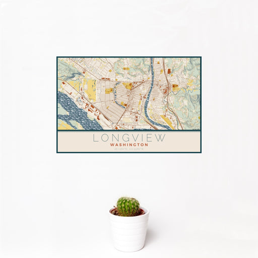 12x18 Longview Washington Map Print Landscape Orientation in Woodblock Style With Small Cactus Plant in White Planter