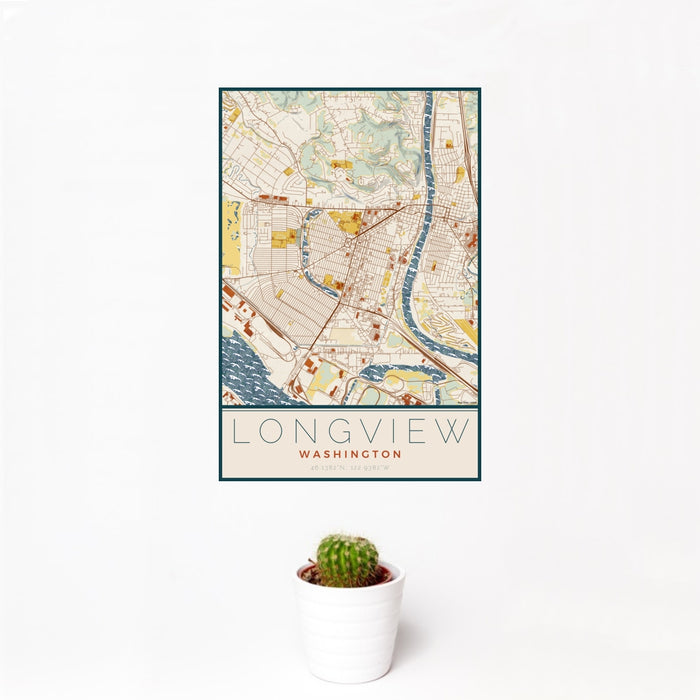 12x18 Longview Washington Map Print Portrait Orientation in Woodblock Style With Small Cactus Plant in White Planter