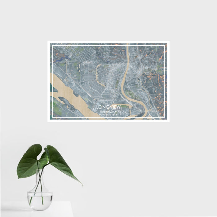 16x24 Longview Washington Map Print Landscape Orientation in Afternoon Style With Tropical Plant Leaves in Water