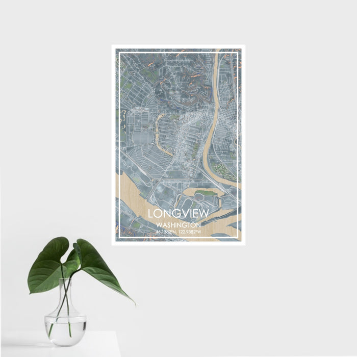 16x24 Longview Washington Map Print Portrait Orientation in Afternoon Style With Tropical Plant Leaves in Water