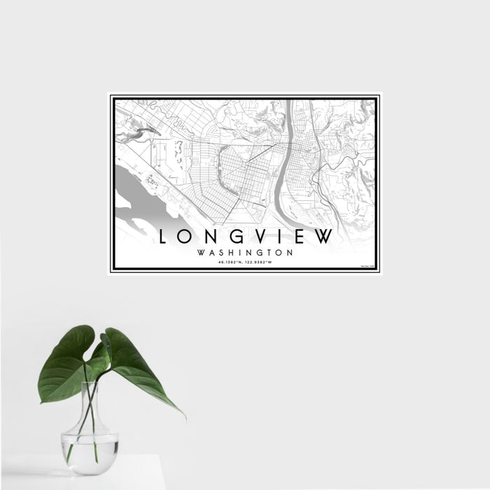16x24 Longview Washington Map Print Landscape Orientation in Classic Style With Tropical Plant Leaves in Water