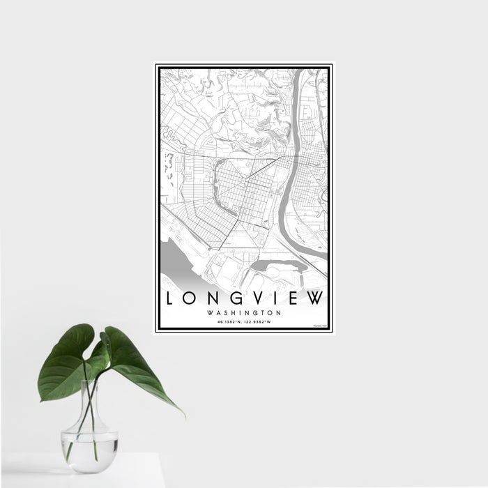 16x24 Longview Washington Map Print Portrait Orientation in Classic Style With Tropical Plant Leaves in Water