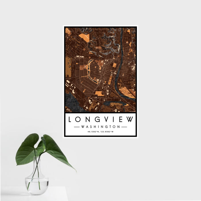 16x24 Longview Washington Map Print Portrait Orientation in Ember Style With Tropical Plant Leaves in Water