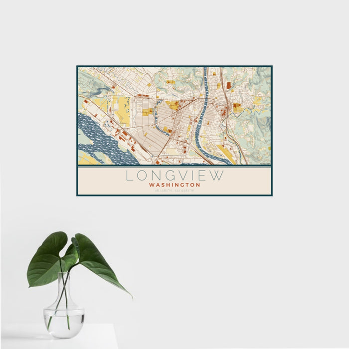 16x24 Longview Washington Map Print Landscape Orientation in Woodblock Style With Tropical Plant Leaves in Water
