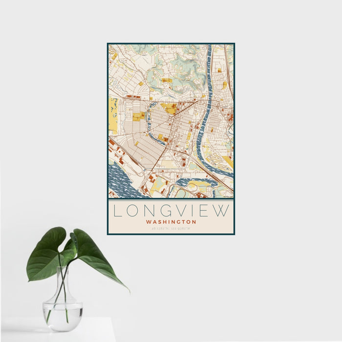 16x24 Longview Washington Map Print Portrait Orientation in Woodblock Style With Tropical Plant Leaves in Water