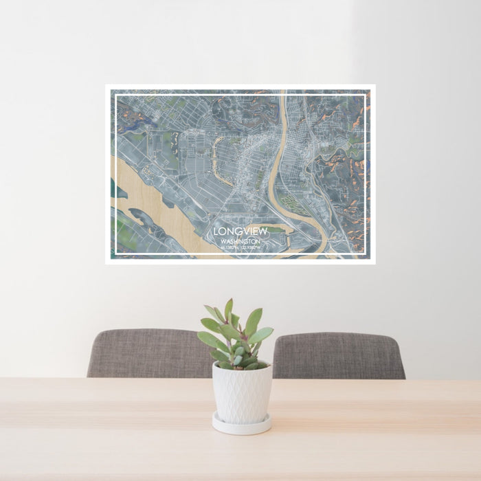 24x36 Longview Washington Map Print Lanscape Orientation in Afternoon Style Behind 2 Chairs Table and Potted Plant