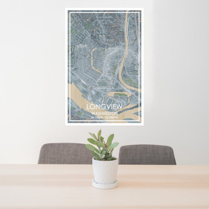 24x36 Longview Washington Map Print Portrait Orientation in Afternoon Style Behind 2 Chairs Table and Potted Plant