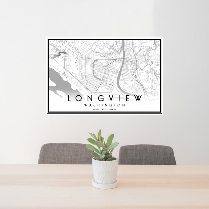 24x36 Longview Washington Map Print Lanscape Orientation in Classic Style Behind 2 Chairs Table and Potted Plant