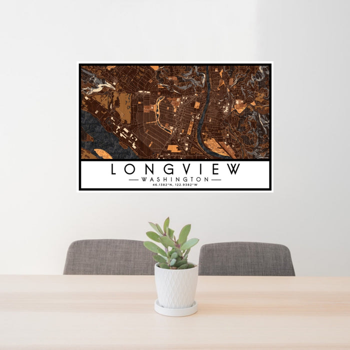 24x36 Longview Washington Map Print Lanscape Orientation in Ember Style Behind 2 Chairs Table and Potted Plant