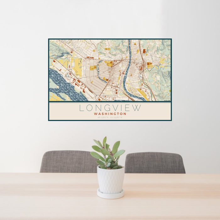 24x36 Longview Washington Map Print Lanscape Orientation in Woodblock Style Behind 2 Chairs Table and Potted Plant