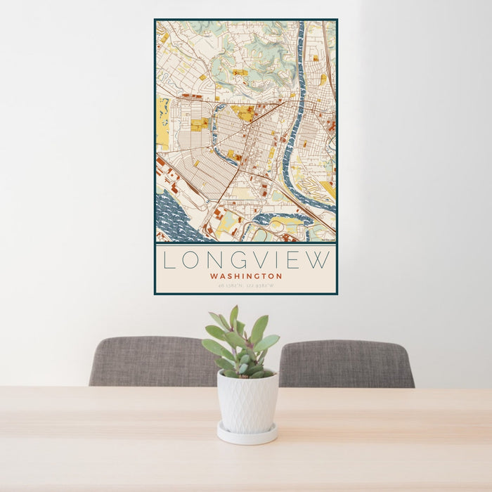 24x36 Longview Washington Map Print Portrait Orientation in Woodblock Style Behind 2 Chairs Table and Potted Plant