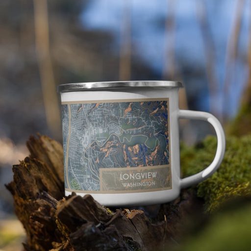 Right View Custom Longview Washington Map Enamel Mug in Afternoon on Grass With Trees in Background