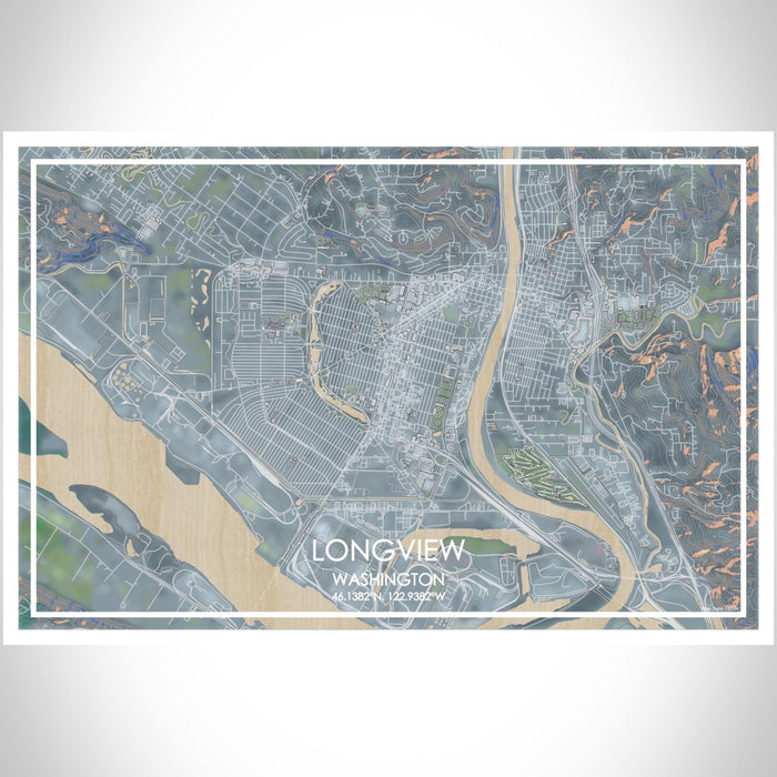 Longview Washington Map Print Landscape Orientation in Afternoon Style With Shaded Background