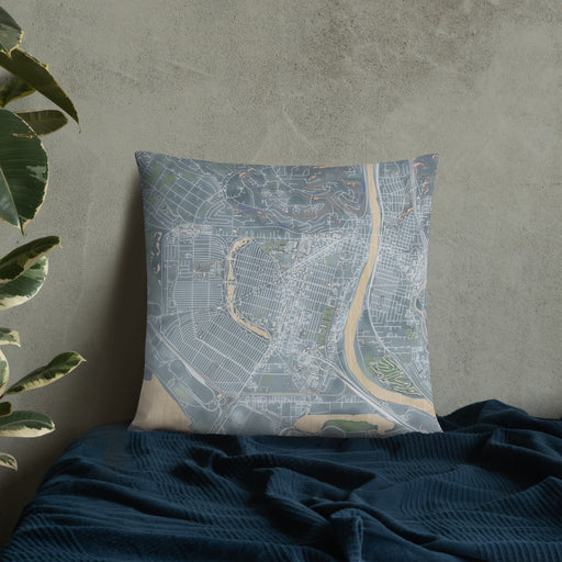 Custom Longview Washington Map Throw Pillow in Afternoon on Bedding Against Wall