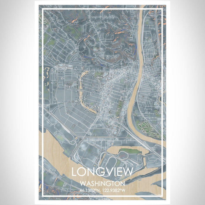 Longview Washington Map Print Portrait Orientation in Afternoon Style With Shaded Background