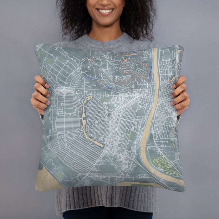 Person holding 18x18 Custom Longview Washington Map Throw Pillow in Afternoon