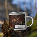 Right View Custom Longview Washington Map Enamel Mug in Ember on Grass With Trees in Background