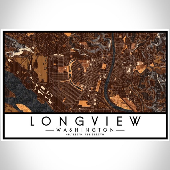 Longview Washington Map Print Landscape Orientation in Ember Style With Shaded Background