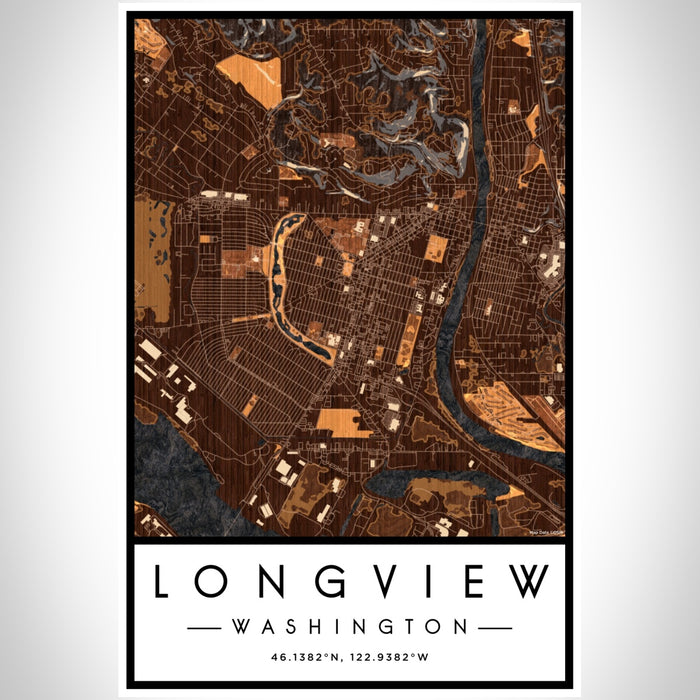 Longview Washington Map Print Portrait Orientation in Ember Style With Shaded Background