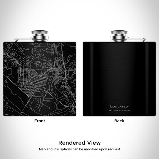 Rendered View of Longview Washington Map Engraving on 6oz Stainless Steel Flask in Black