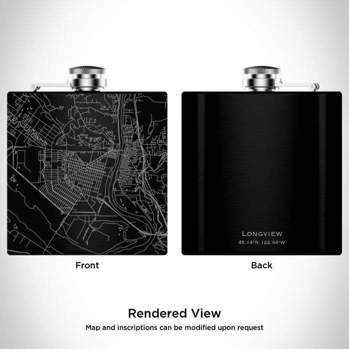 Rendered View of Longview Washington Map Engraving on 6oz Stainless Steel Flask in Black