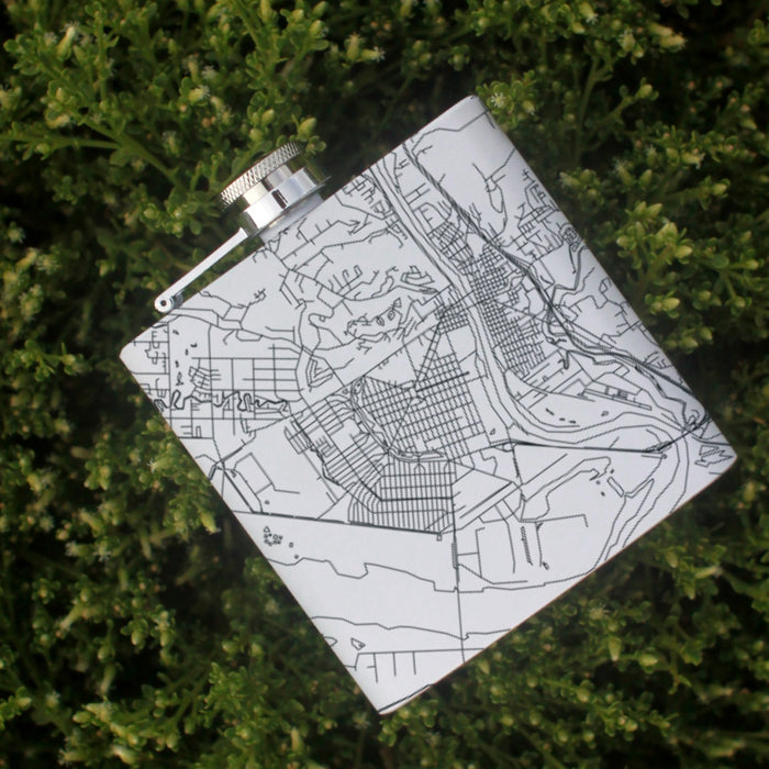 Longview Washington Custom Engraved City Map Inscription Coordinates on 6oz Stainless Steel Flask in White