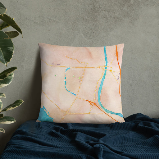 Custom Longview Washington Map Throw Pillow in Watercolor on Bedding Against Wall