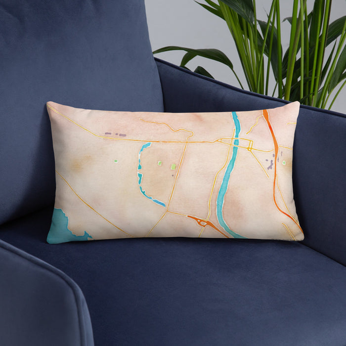 Custom Longview Washington Map Throw Pillow in Watercolor on Blue Colored Chair