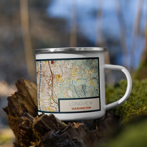 Right View Custom Longview Washington Map Enamel Mug in Woodblock on Grass With Trees in Background