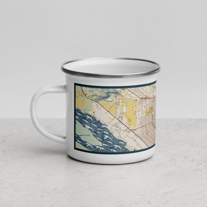 Left View Custom Longview Washington Map Enamel Mug in Woodblock