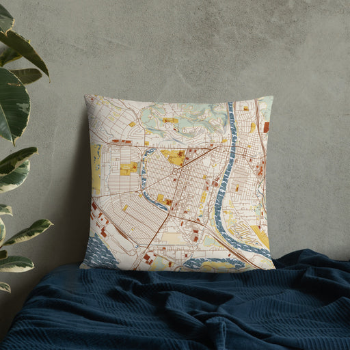 Custom Longview Washington Map Throw Pillow in Woodblock on Bedding Against Wall